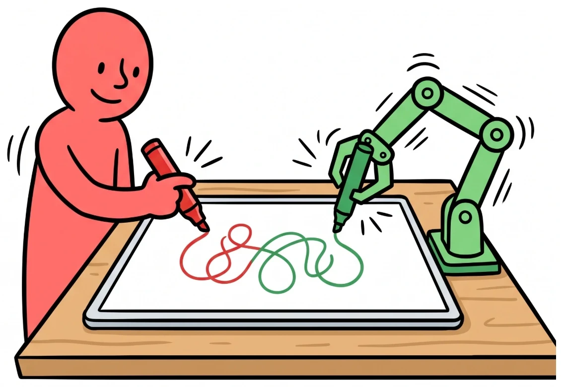 A visitor with a red marker and a robot arm with a green marker drawing loops together on a whiteboard.